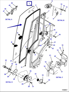 Стекло двери правое Komatsu (WB93R-5/WB93S-5/WB97R-5/WB97S-5) 42N-54-13630